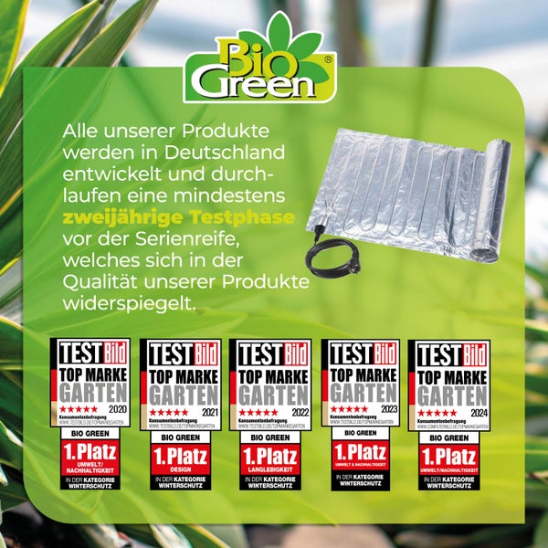 Bio Green Logo. Abbildung einer Heizmatte mit Auszeichnungen von Test Bild Top Marke Garten von 2020 bis 2024, jeweils 1. Platz in der Kategorie Winterschutz.