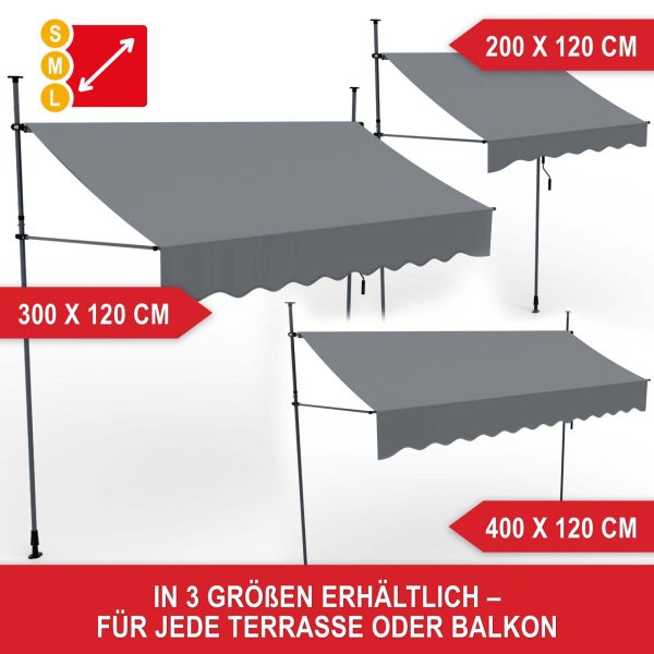Klemmmarkise in den Größen 200 x 120 Zentimeter, 300 x 120 Zentimeter und 400 x 120 Zentimeter für Balkon oder Terrasse.