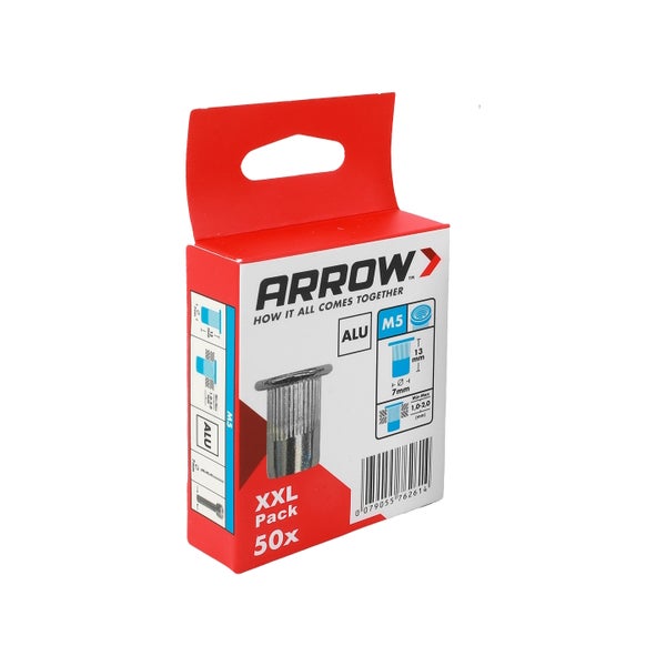 Arrow Blindnietmuttern M5 aus Aluminium, XXL-Packung mit 50 Stück, Länge 13 Millimeter.