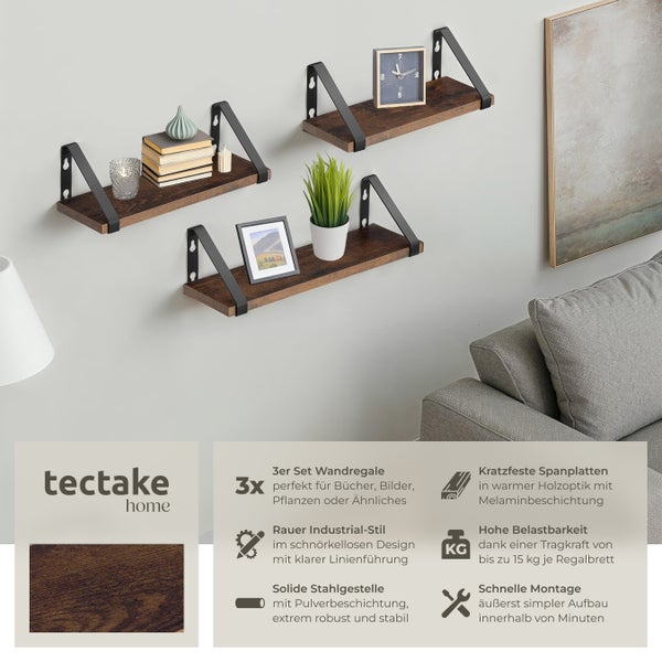3er Set Wandregal tectake Cowell Höhe 12 cm Industrial Style Industrial Holz dunkel, rustikal