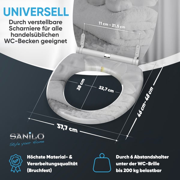 Sanilo WC-Sitz mit Wellness-Motiv, Maße 37,7 mal 46 bis 48 Zentimeter, Belastbarkeit bis 200 Kilogramm, verstellbare Scharniere, Sanilo Logo.