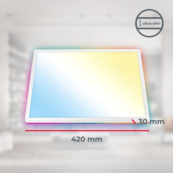 Quadratisches LED Panel mit RGB-Hintergrundbeleuchtung, ultraflaches Design, 420 Millimeter Breite und 30 Millimeter Tiefe.