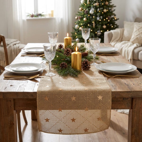 Festlich gedeckter Esstisch mit Tischläufer mit Sternenmuster, Weihnachtsschmuck, Kerzen und Tannenzweigen in einem gemütlichen Wohnzimmer.