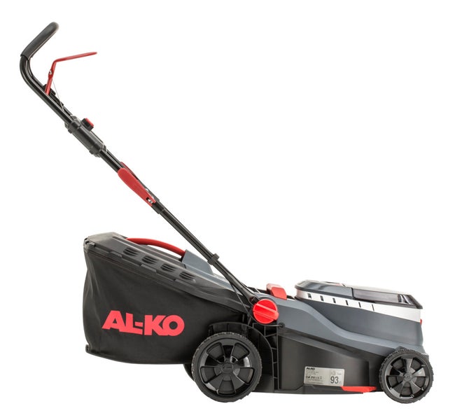 Akku-Rasenmäher AL-KO 34.6 Li Comfort mit 36 Volt Akkusystem, ergonomischem Holm und großen Laufrädern in Frontalansicht.
