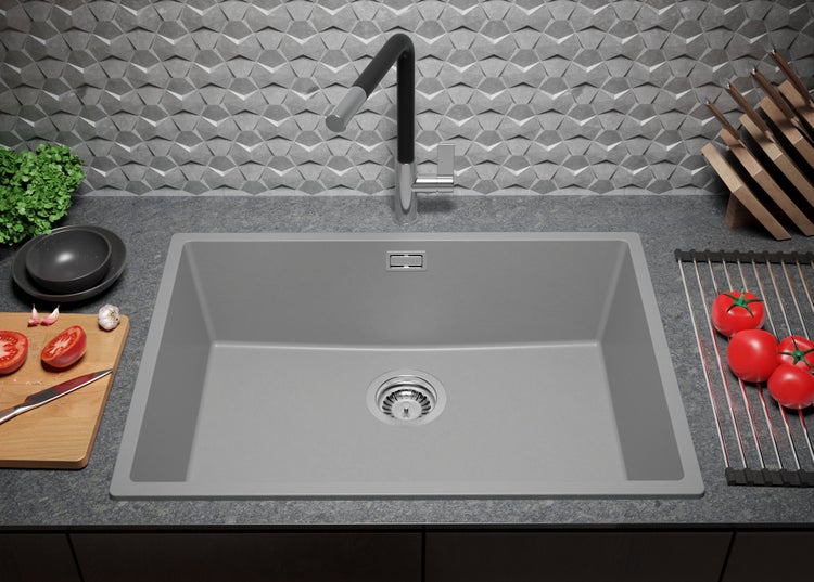 PRIMAGRAN Spülbecken Grau 66x47cm, Granitspüle 1 Becken + Ablauf-Set, Küchenspüle ab 70er Unterschrank - London Slim