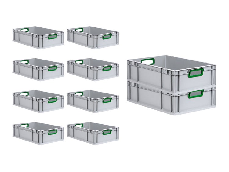 PROREGAL Spar Set 10x Eurobox Nextgen Color HxBxT 17 x 40 x 60 cm 34 Liter Griffe Grün Offen Glatter Boden Eurobehälter Transportbox