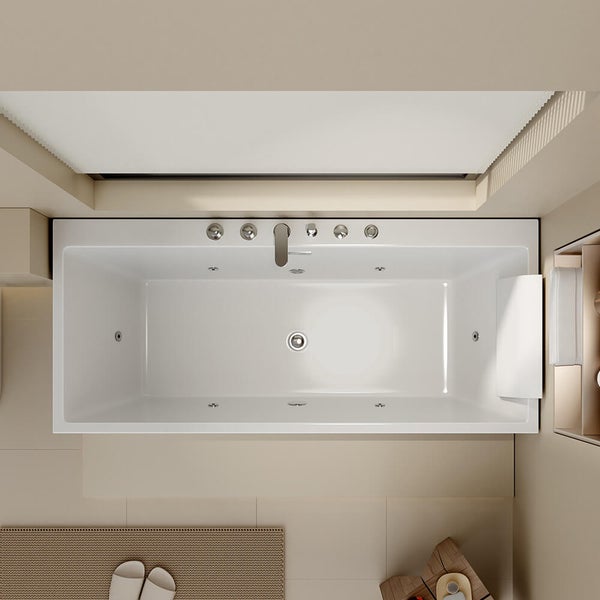 Rechteckige Whirlpool Badewanne mit integrierten Düsen und Armaturen in einer modernen Badezimmerumgebung, Draufsicht.