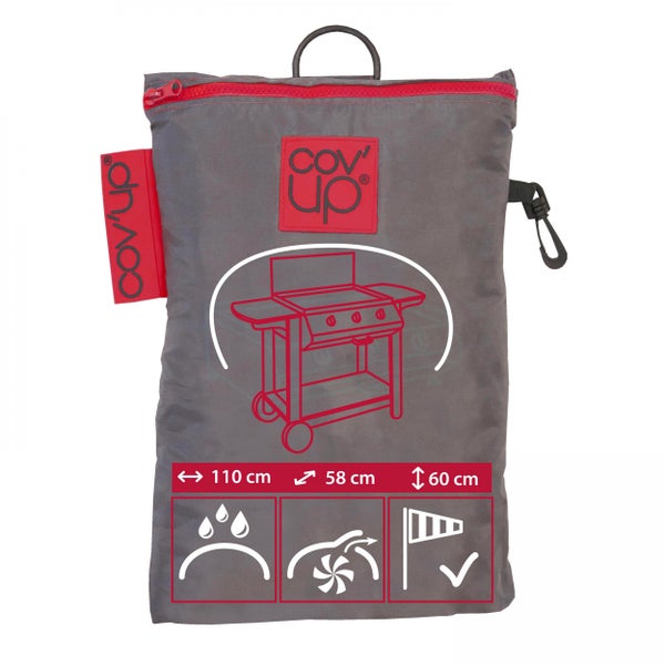 Graue Aufbewahrungstasche für Grillabdeckung mit Cov'up Logo, Reißverschluss, Maße 110 mal 58 mal 60 Zentimeter und Wetterschutzsymbolen.