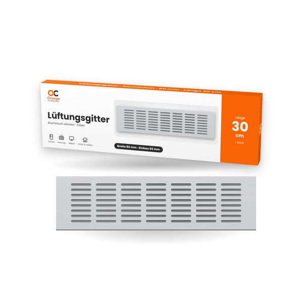 Lüftungsgitter aus Aluminium eloxiert, Breite 80 Millimeter, Länge 30 Zentimeter, Einbaumaß 65 Millimeter, mit Verpackung von Orange Commerce