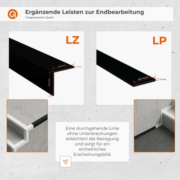 Quest Logo. Leisten für Treppensystem Quest: L-Profil 40 mal 40 mal 4 Millimeter und Flachprofil 40 mal 4 Millimeter. Montagebeispiele auf Treppen.
