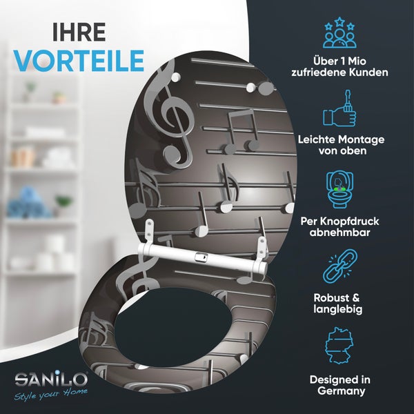 SANILO Logo. Toilettensitz mit Noten-Design. Vorteile: Über eine Million Kunden, Montage von oben, abnehmbar, robust, in Deutschland entworfen.