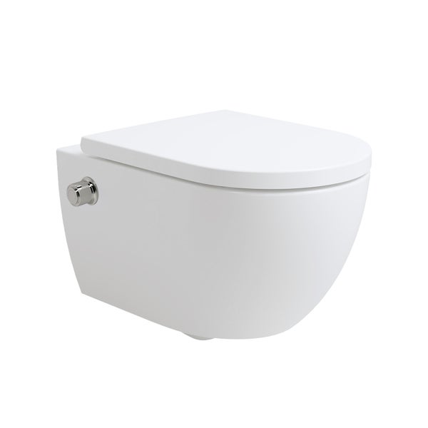 Wandhängendes Dusch-WC aus Keramik mit integrierter Bidetfunktion, weißem Deckel und seitlichem Bedienknopf.