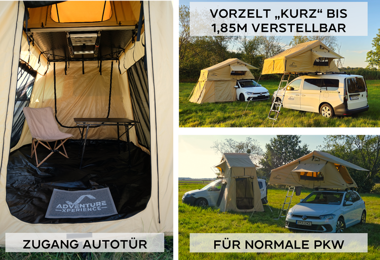 AdventureMate140 Dachzelt mit Vorzelt, 140x240 Matratze inkl. 3D Mesh