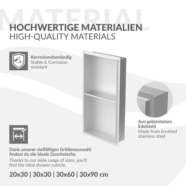 Wandnische aus gebürstetem Edelstahl für die Dusche, korrosionsbeständig, in mehreren Größen verfügbar wie 30 mal 60 Zentimeter.