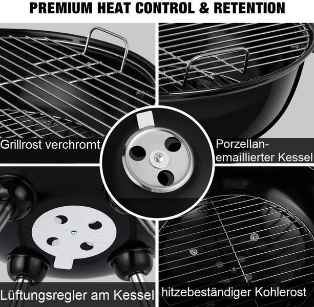 RESCH MAXX Holzkohlegrill Ø 44cm – 4 Personen Kugelgrill mit Deckel, fahrbarer Grill für Garten, Balkon & Unterwegs