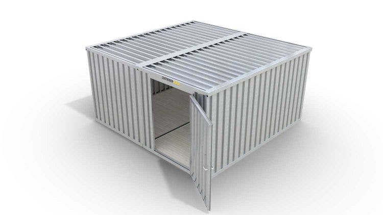 Lagercontainer Gerätehaus XL2  – 21 qm, H2150 x B5080 x T4340 mm, verzinkt, mit Holzfußboden, 1270 mm Einflügeltür mittig in Modul D, zerlegt