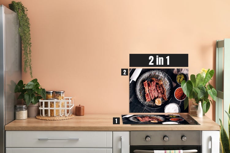 Herdblende-/Abdeckplatte Abdeckplatte Herd - Acrylglas Fleisch und Gewürze | Spritzschutz | Küchenrückwand |  Lokal produziert Camping | COV00060 | 80cm x 52cm x 0.4cm