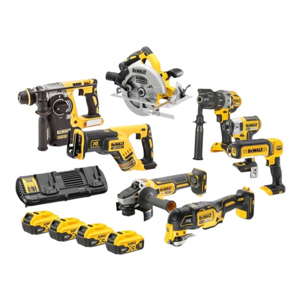 DeWalt 18 Volt Akku-Set mit acht Werkzeugen: Bohrhammer, zwei Sägen, zwei Schrauber, Winkelschleifer, Multitool, Lampe, vier Akkus und Ladegerät.