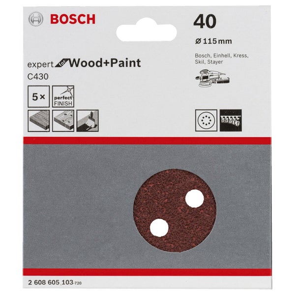 Bosch 5x Schleifblatt C430 Expert for Wood 8 Löcher Klett 115 mm K40 - 2608605103
