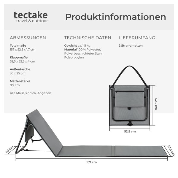 2er Set Strandmatte tectake Mina inkl. Aufbewahrungstasche stufenlos verstellbare Rückenlehne grau/blau