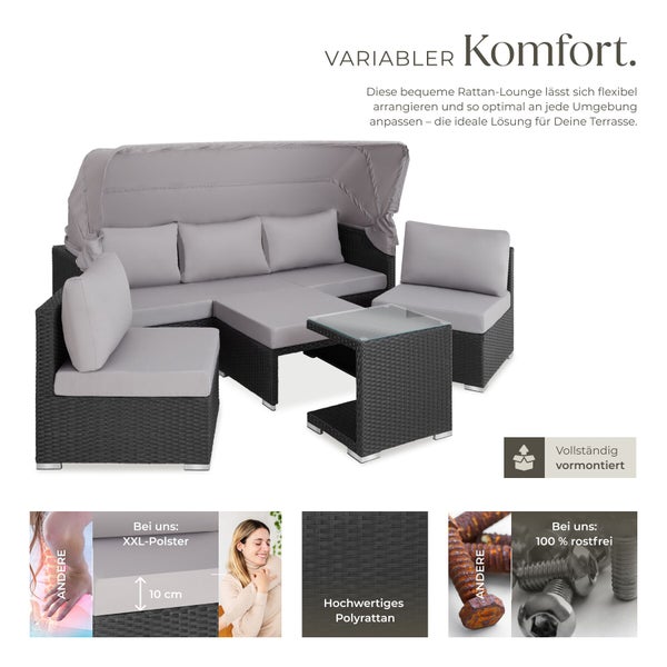 Rattan-Lounge-Set aus Polyrattan mit Sonnendach, bestehend aus Sofa, zwei Sesseln, Tisch und 10 Zentimeter dicken XXL-Polstern.