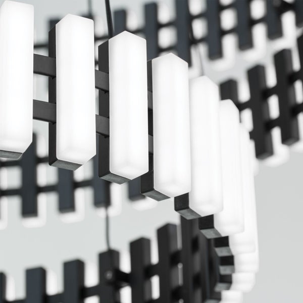 Moderne LED Hängeleuchte mit kreisförmigem Design und vertikal angeordneten Lichtelementen in einer Rahmenstruktur