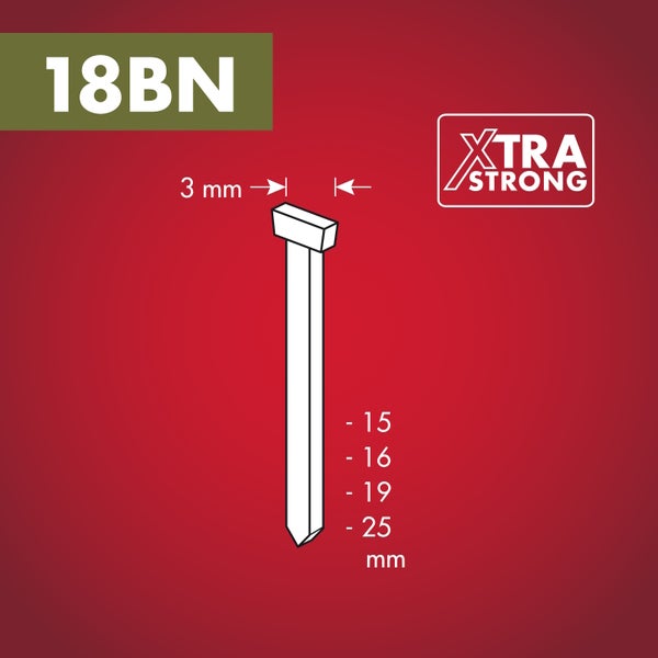 Illustration eines 18BN Stauchkopfnagels mit einer Kopfbreite von 3 Millimeter und Längen von 15, 16, 19 und 25 Millimeter. XTRA STRONG Logo.