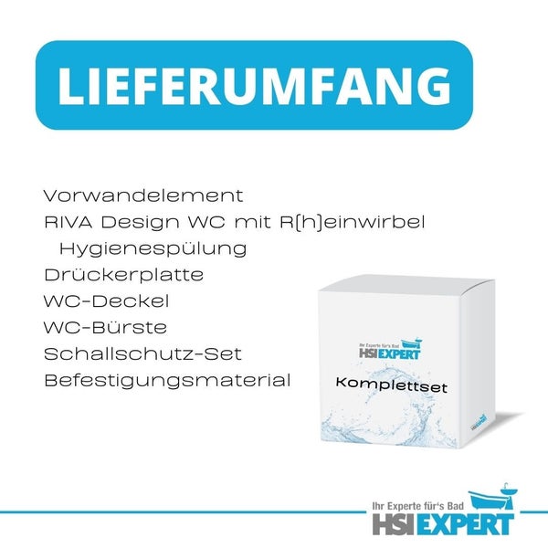 Lieferumfang mit Vorwandelement, RIVA Design WC mit RHeineinwirbel, Hygienespülung, Drückerplatte, WC Deckel, WC Bürste, Schallschutz Set und Befestigungsmaterial