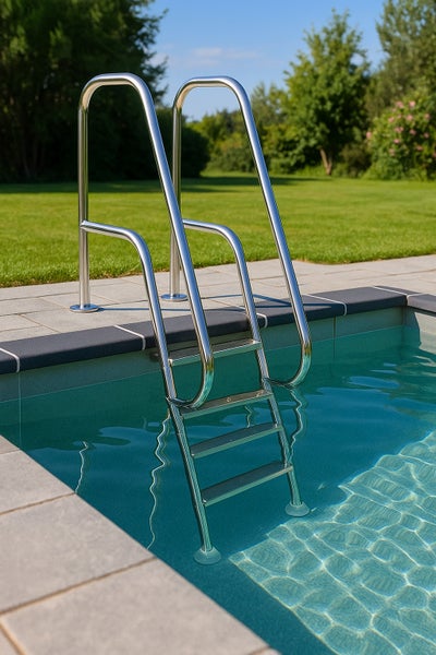 Edelstahltreppe für den Einstieg in ein Schwimmbecken.