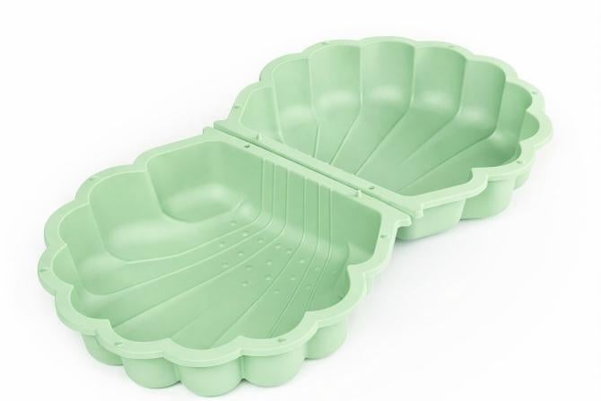 Grüne Sandmuschel und Wassermuschel aus Kunststoff, zweiteiliges Set für Kinder zum Spielen mit Sand oder Wasser.