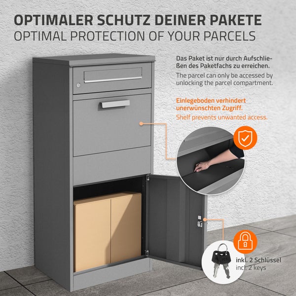 ML-Design Paketbriefkasten aus verzinktem Stahl in Grau, 50x112x37 cm, freistehend, abschließbar, 2 Schlüssel, Standbriefkasten Paketbox Postkasten Paketkasten, für Pakete, Warensendungen, Briefe