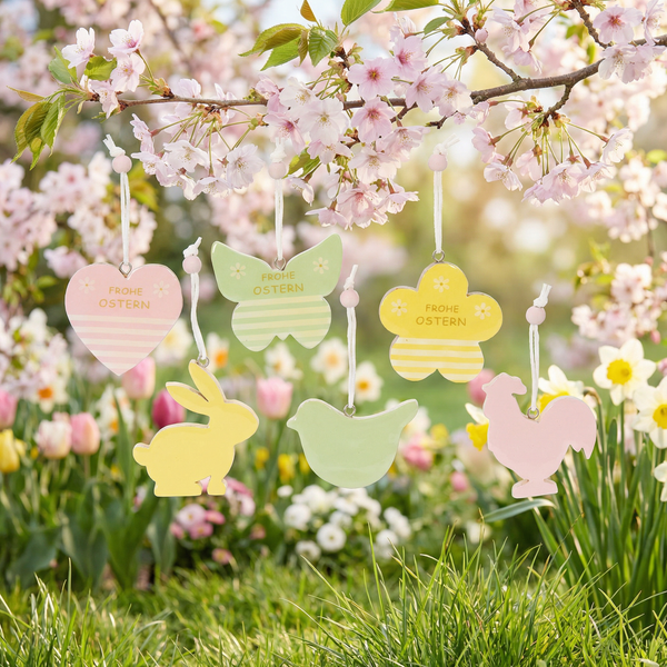 Osterdekoration zum Aufhängen in verschiedenen Formen wie Herz, Schmetterling, Blume, Hase, Vogel und Hahn an einem blühenden Zweig im Frühlingsgarten.