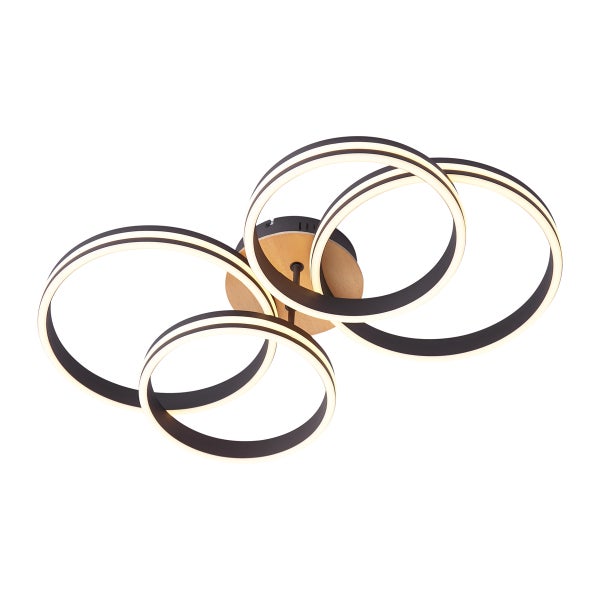 Moderne LED Deckenleuchte mit drei ineinander verschlungenen Ringen aus Metall und Holzoptik für eine flächige Raumausleuchtung