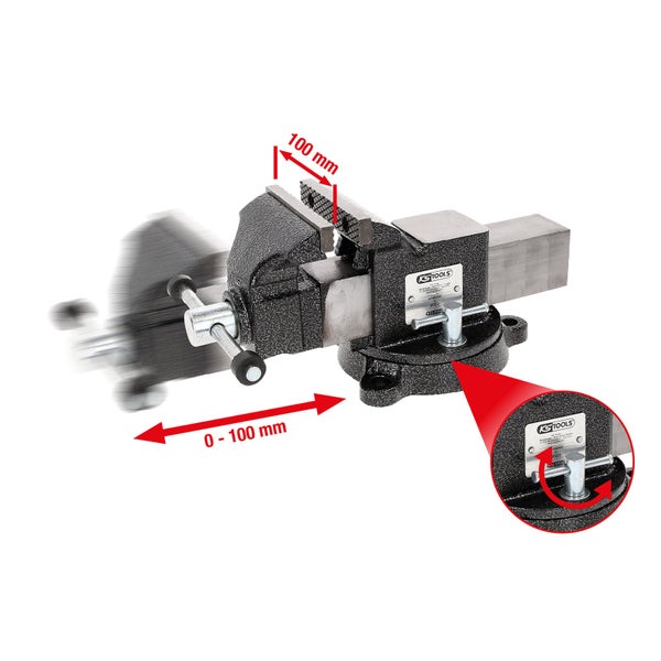 Schraubstock mit einer Backenbreite von 100 mm und einer Spannweite von 0 bis 100 mm.