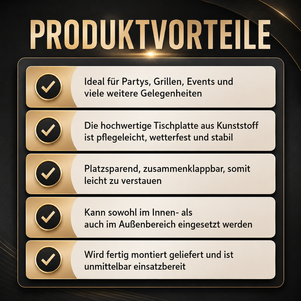 Infografik mit den Produktvorteilen eines klappbaren Kunststofftisches für den Innen- und Außenbereich.
