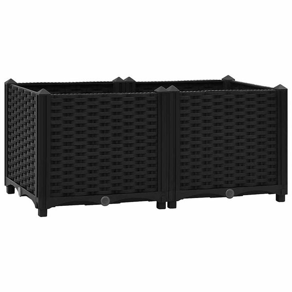 Rechteckiges Hochbeet aus Kunststoff in Rattan-Optik mit dekorativen Pfostenkappen.