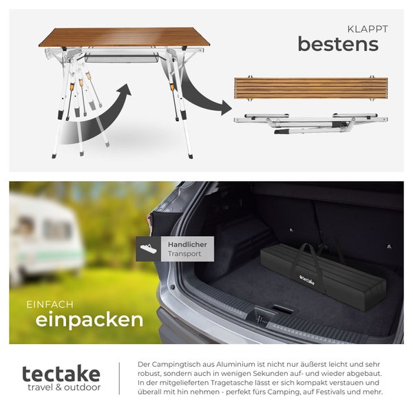 Klappbarer Aluminium-Campingtisch mit faltbarem Gestell, aufrollbarer Tischplatte und passender Tragetasche für den Transport im Kofferraum.