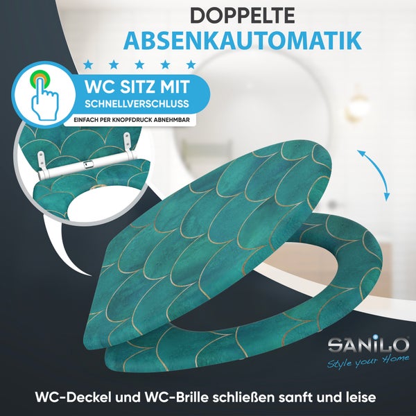 WC Sitz mit Absenkautomatik und Schnellverschluss zum leichten Abnehmen mit Fischschuppen Muster von Sanilo Logo