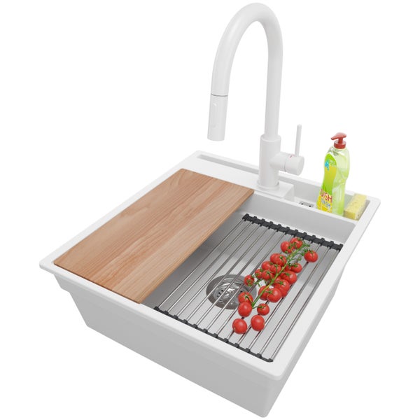 PRIMAGRAN Granitspüle Weiß 48x53cm, Spülbecken 1 Becken + Küchenarmatur 40x20cm + Ablauf-Set + Küchenzubehörset, Küchenspüle ab 50er Unterschrank - Oslo Pocket