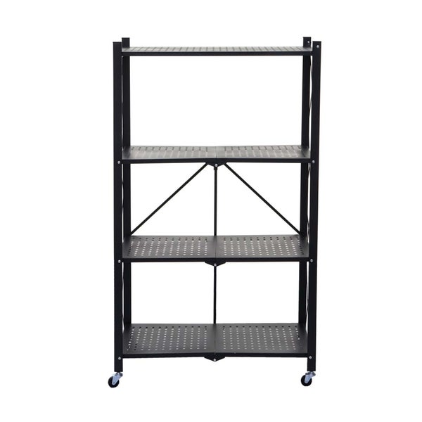 Schwarzes Metallregal mit vier Ablagen und Rollen