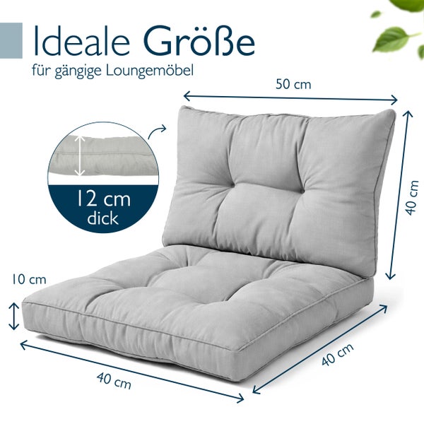 Loungekissen-Set mit Maßen: Sitzkissen 40 mal 40 mal 10 Zentimeter, Rückenkissen 50 mal 40 Zentimeter. Dicke circa 12 Zentimeter.