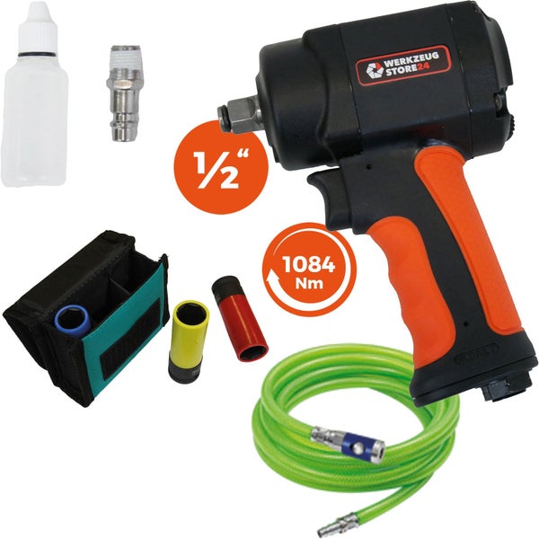 Druckluft-Schlagschrauber mit Werkzeug Store24 Logo, 1084 Newtonmeter, circa 180 Millimeter hoch und 115 Millimeter breit