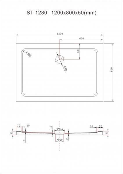 Technische Zeichnung einer Duschwanne mit den Maßen 1200 x 800 x 50 Millimeter.