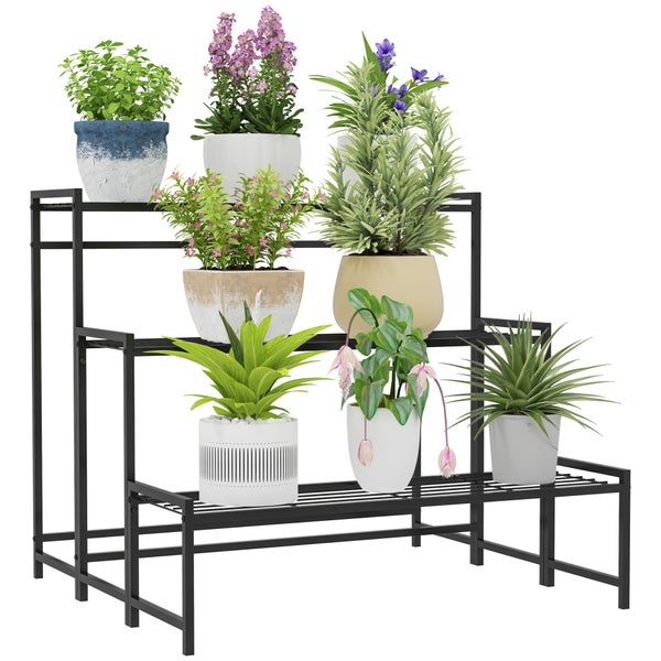 Outsunny 3-Etagen Pflanzenständer, Blumenständer für Innen Außen, Pflanzenregal aus Metall, mehrstöckig Blumenregal, 66 cm hoch Blumentreppe für Wohnzimmer, Garten Balkon Deko, Schwarz