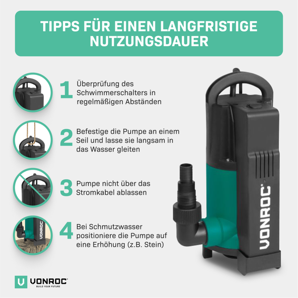 VONROC Tauchpumpe mit integriertem Schwimmer [750W] - Schmutzwasserpumpe für Keller, Pool, Gartenteich - Flachsaugend max Höhe [7,5m] - 1400 l/h für sauberes und schmutziges Wasser