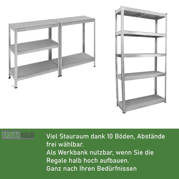 Zwei verzinkte Metallregale von Trutzholm mit insgesamt zehn Fachböden flexibel als hohes Standregal oder niedrige Werkbank montierbar.