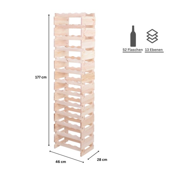 Weinregal VINOTECA FLEX PRO HxBxT 177x46x28cm 52 Flaschen auf 13 Ebenen Massives Kiefernholz Natur unbehandelt