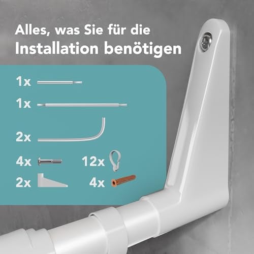 Erica Duschvorhangstange L-form & U-form - 4-in-1 Duschvorhangstange für Badewanne oder Dusche - Duschstange Ecke - Stahl mit Pulverbeschichtung - Ohne Deckenhalterung - Weiß