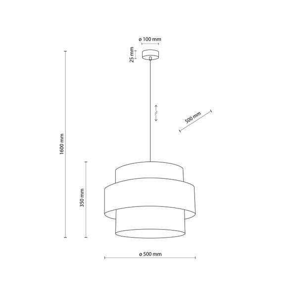 Technische Zeichnung einer Hängeleuchte mit den Maßen 1600 mm Höhe, 500 mm Durchmesser, 350 mm Lampenschirmhöhe, 100 mm Baldachindurchmesser und 25 mm Baldachinhöhe.