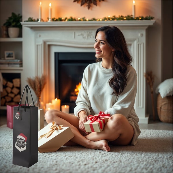 Frau sitzt mit Weihnachtsgeschenken vor Kamin